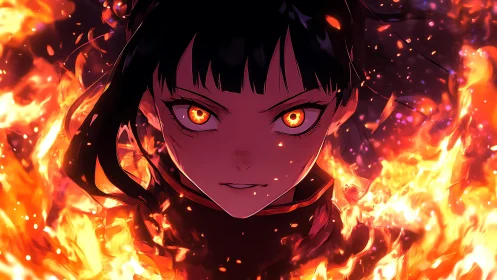 Fierce anime heroine surrounded by glowing flames of power.