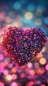 Glittering heart sculpture glows over vibrant bokeh lights