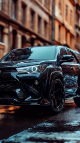 Midnight SUV prowl on rain-glossed city cobblestones.