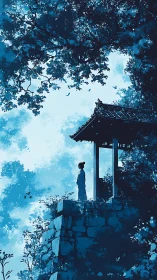 Solitary figure beneath forest canopy at cliffside pavilion.