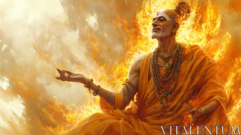 Flame-wreathed sage radiates serene spiritual power and light.