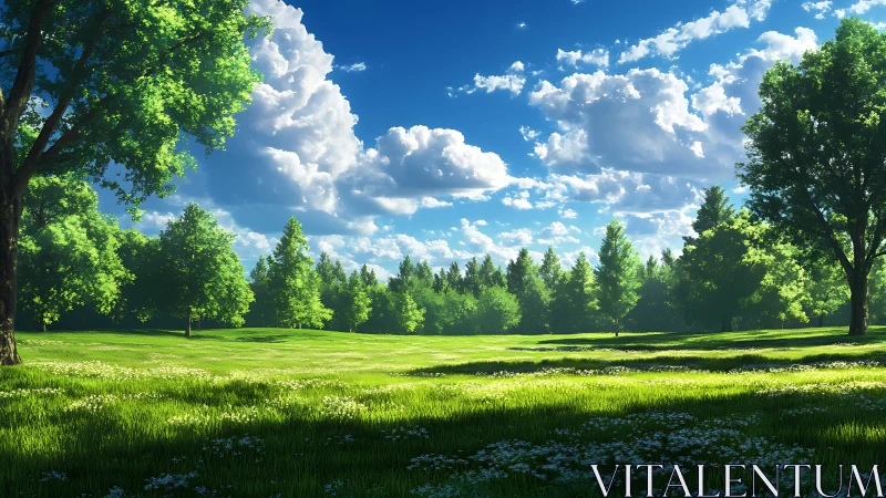 Sunlit grassland and tree line extend under clouded sky