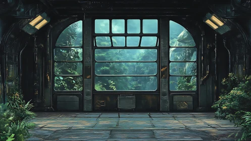 Industrial corridor window overlooking dense forest canopy.