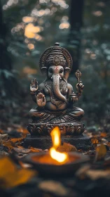 Bronze Ganesha idol with diya flame in shallow depth forest
