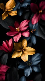 Luminous Four-Petal Flowers Against Black Background