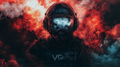 Armored operator in gas mask silhouetted against turbulent red nebula