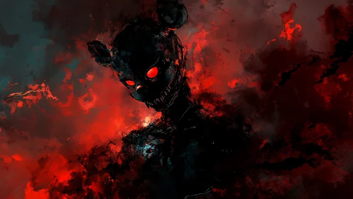 Digital painting of demonic teddy figure in infernal chiaroscuro.