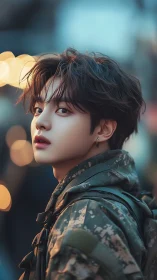 Youthful soldier portrait under soft city dusk bokeh