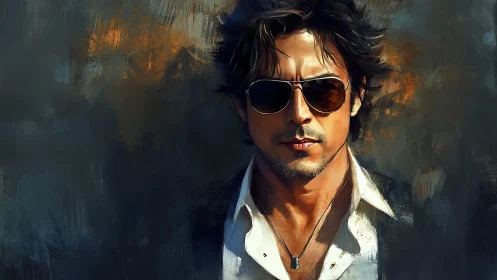 Brooding man in sunglasses stands against a moody abstract haze