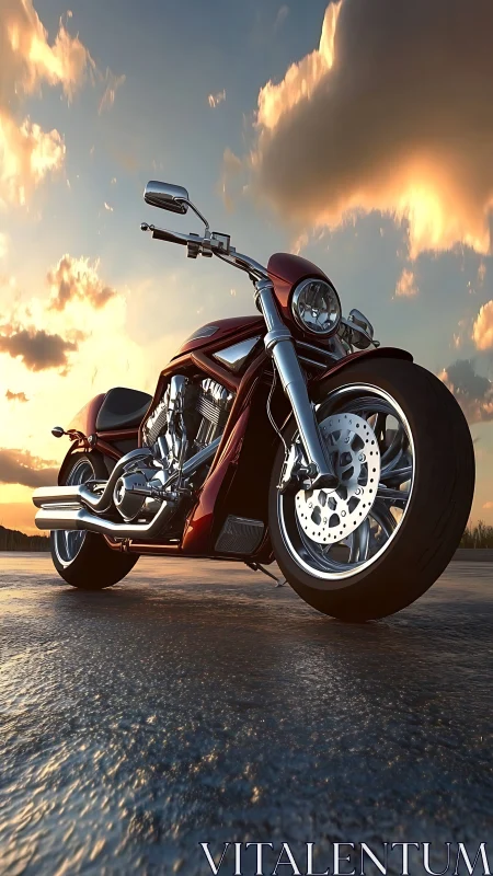 Low-angle cruiser motorcycle render under molten sunset sky.