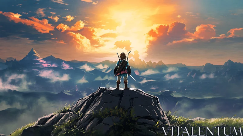 Backlit fantasy wanderer surveying volumetric mountain vista.