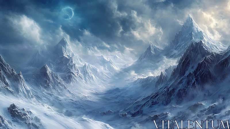 Frozen alien mountain range under moonlit stormy sky.