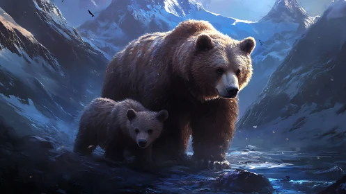 Mother bear leads her cub through a luminous icy valley