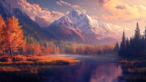 Golden autumn valley unfolds beneath dramatic snow peaks