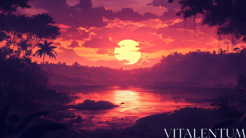 Crimson jungle sunset over still reflective river horizon.