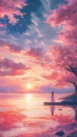 Girl at lakeside sunset beneath luminous cherry blossoms.