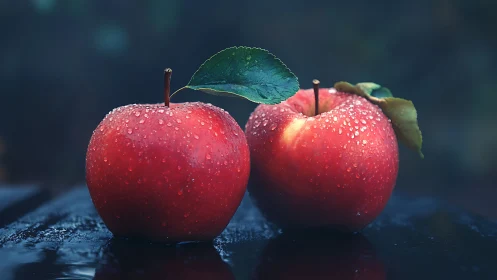 Rain-kissed red apples resting in quiet evening light.