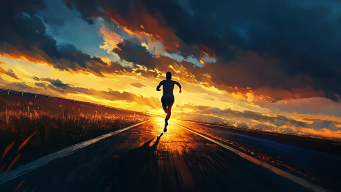 Silhouette runner on wet road under blazing sunset sky.
