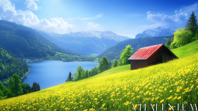 Red-roofed cabin stands above alpine lake and flower field