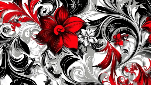 Red floral swirls bloom over bold black and silver waves