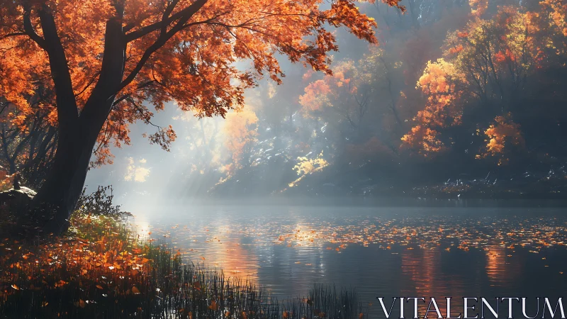 Autumn trees line misty lakeshore as sunlight filters through