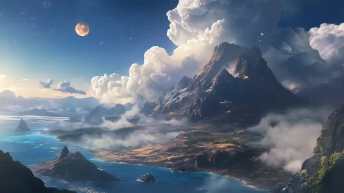 Digital landscape shows coastal mountains under distant moon