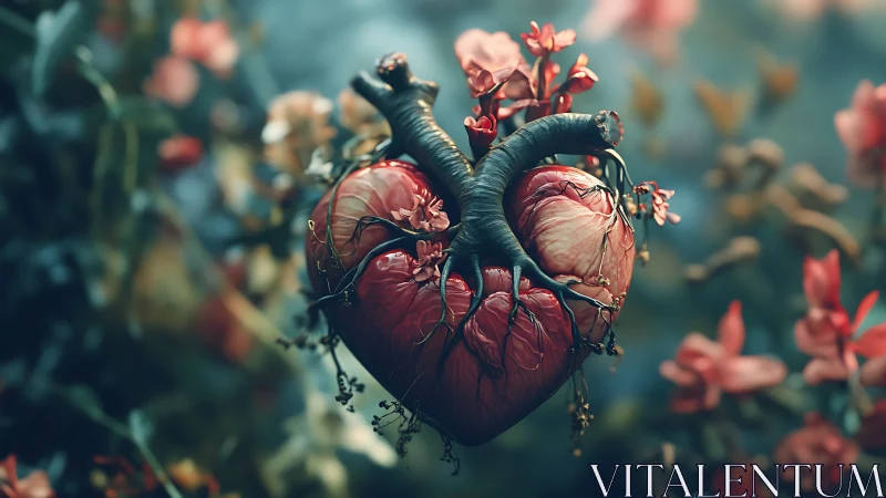 Heart-shaped organic form entwined with dark branches.