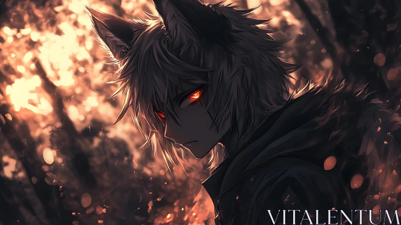 Wolf-eared anime boy glows with ominous ember eyes at dusk.