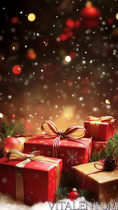 Glowing holiday gifts rest softly under dreamy snowfall