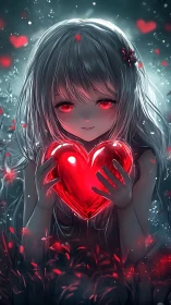 Silver haired anime girl cradles glowing red heart