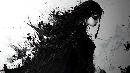 Monochrome female figure dissolving into abstract black ink.