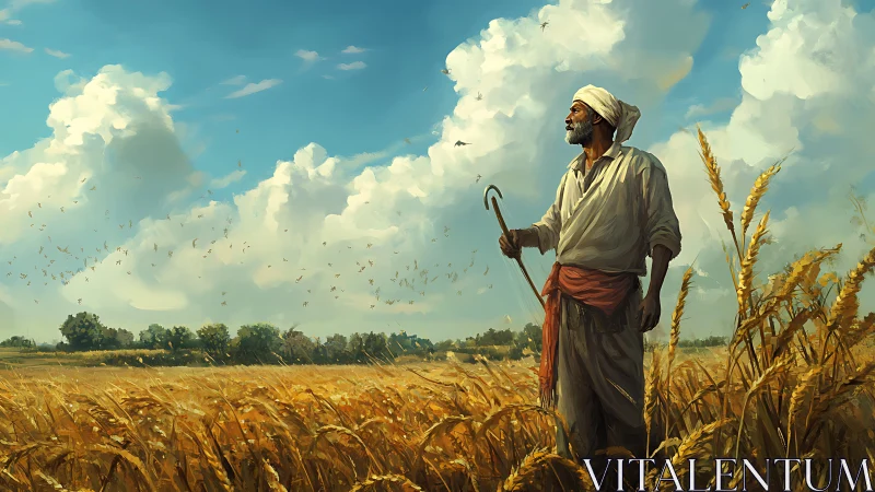 Sunlit farmer pauses within a sea of golden wheat dreams.