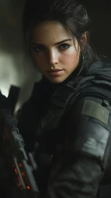 Battle-ready female soldier stares ahead in moody light