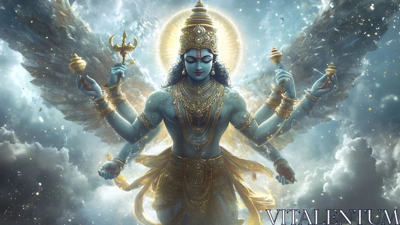 Celestial multi-armed deity amid radiant storm clouds.