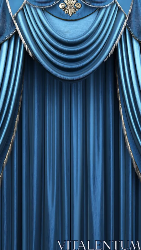 Photorealistic blue stage drapery with ornate swag detailing.