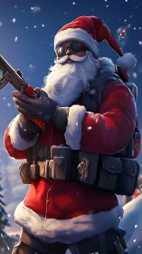 Tactical winter operator in Santa gear with combat rifle.