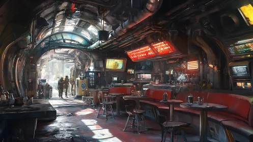 Neon-soaked starport diner hums beneath rusted arches.