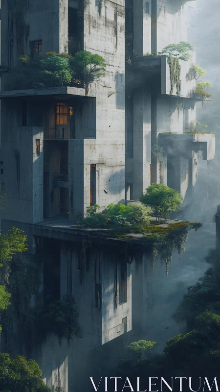 Vertical concrete sanctuaries cradle lush hanging gardens.