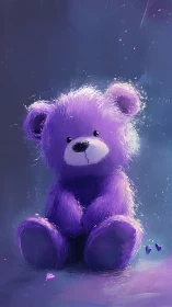 Purple teddy bear glows softly in dreamy night ambience.