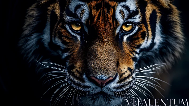 Predatory tiger close-up under dramatic low key lighting.