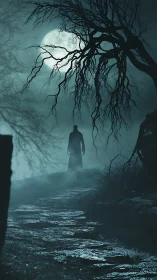 Lone cloaked figure on misted forest path under full moon.