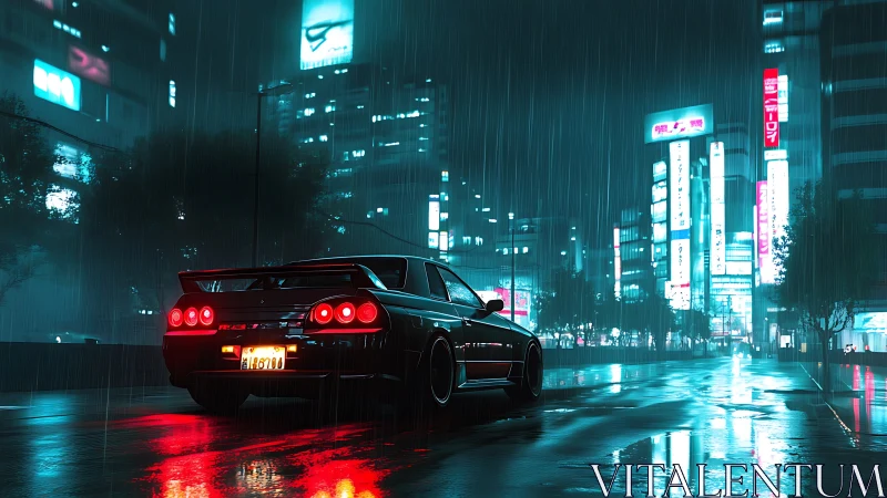 Neon drenched skyline with tuned coupe in reflective rainfall.