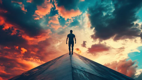 Solitary dreamer strides toward a blazing, painted horizon.