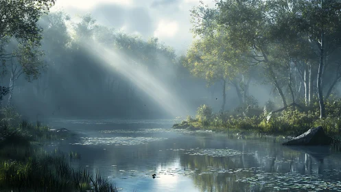 Morning light over misty forest river with lily pads.
