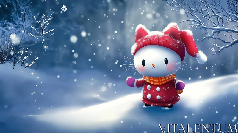 Cartoon snow cat character stands in winter forest snow