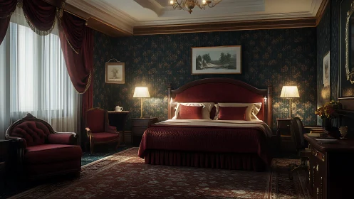 Velvet-wrapped vintage hotel bedroom glowing softly at dusk.