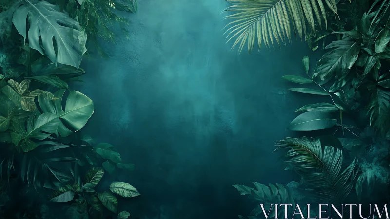 Dense tropical foliage framing blank teal center field.