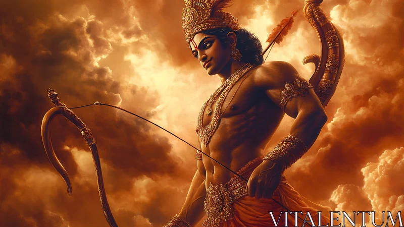 Heroic archer deity stands poised against burning sky.