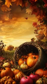 High-detail autumn harvest basket with pumpkins at sunset
