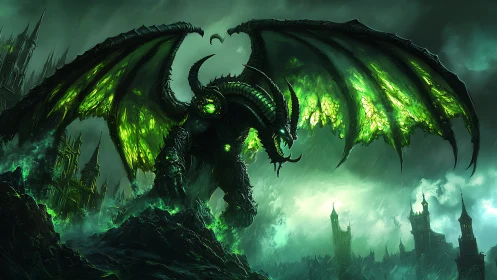 Apocalyptic demon dragon over gothic citadel, digital concept art.